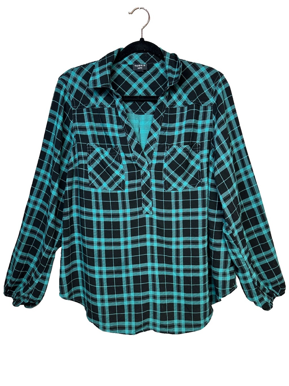 Torrid Harper Plaid Top Teal Black V-Neck Blouse Size Large / 00